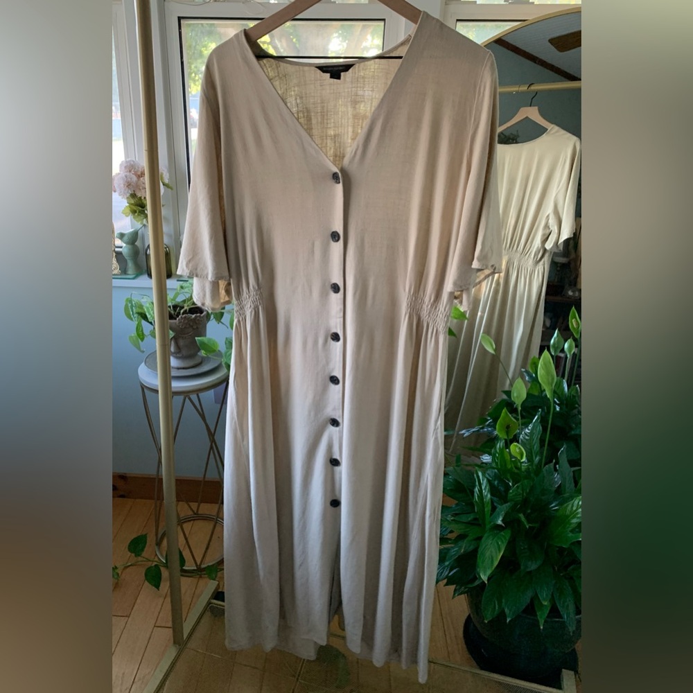 Banana Republic Sand Tan Shirt Dress XL Tall Button Down Short Sleeve Maxi - Picture 2 of 11